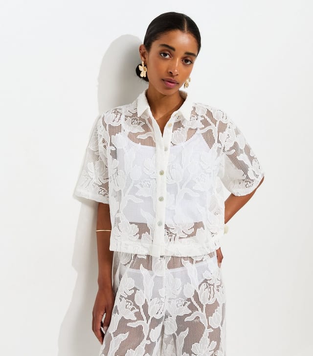 New Look Women's Premium White Embroidered Netted Floral Lace Beach Shirt New Look - 3