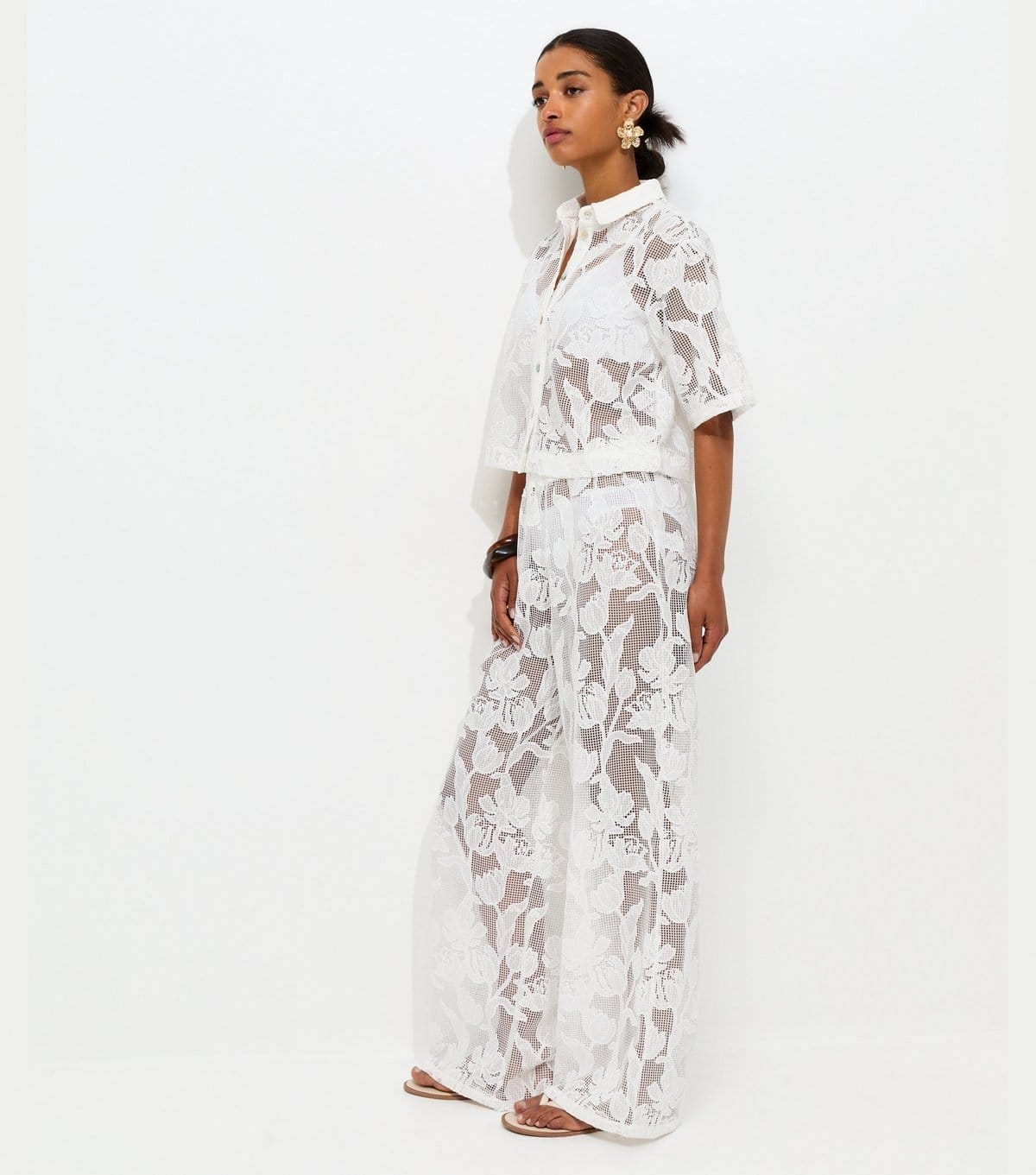 New Look Women's Premium White Embroidered Netted Floral Lace Beach Shirt New Look - 4