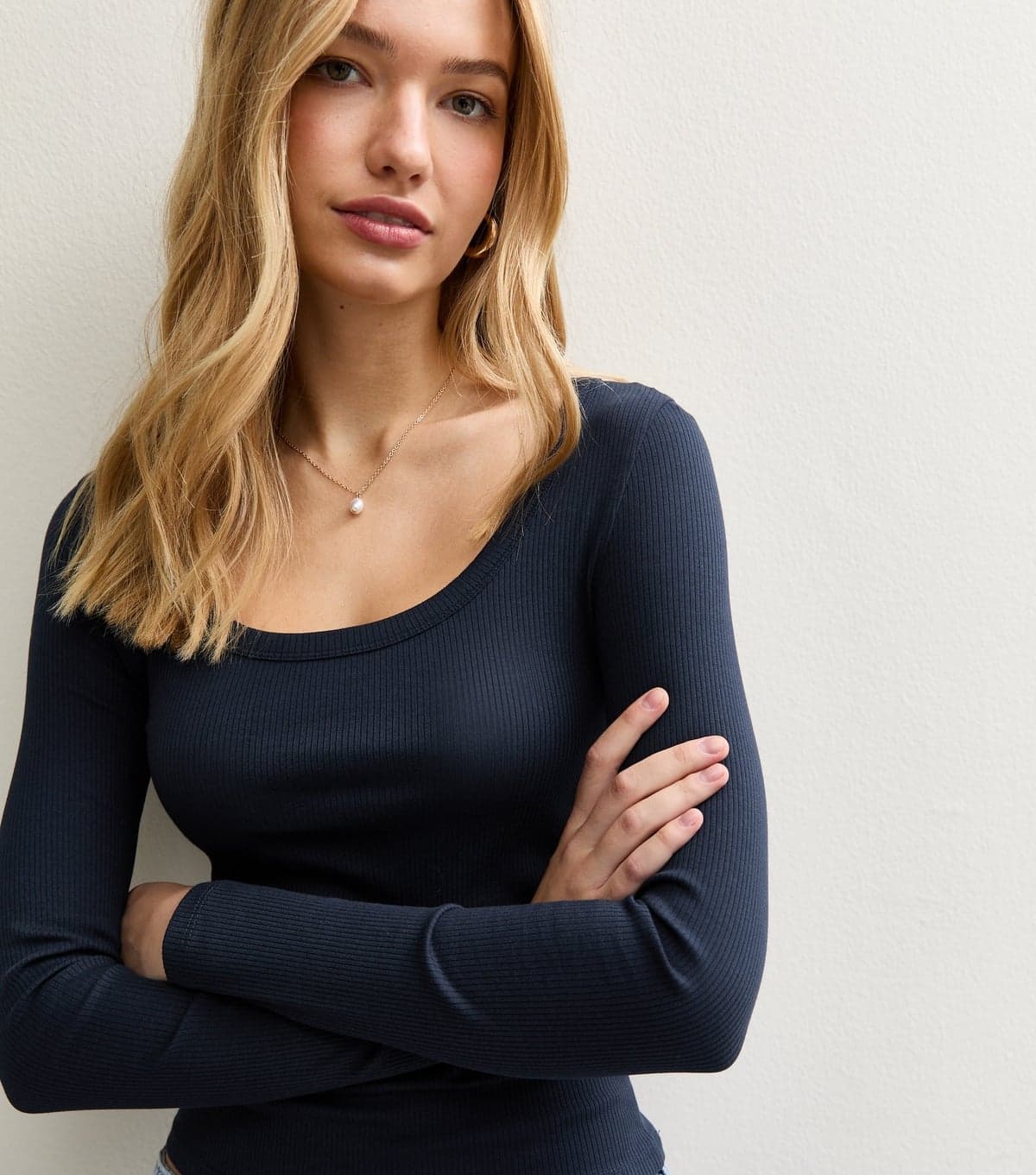 New Look Women's Navy Scoop Neck Long Sleeve Ribbed Top New Look