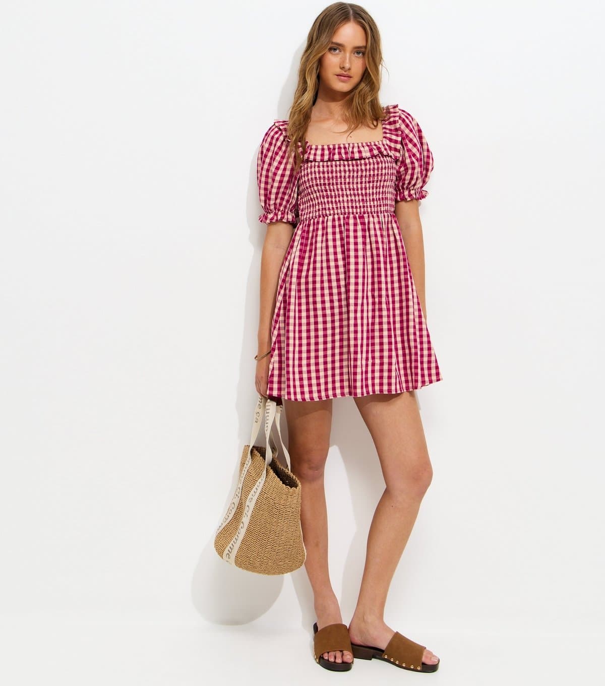 New Look Women's Red Gingham Short Sleeve Shirred Frill Mini Dress New Look