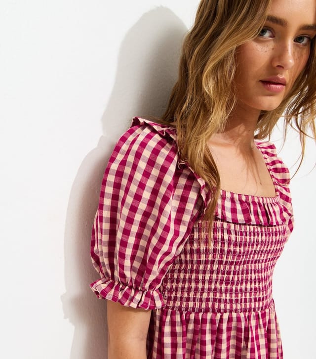 New Look Women's Red Gingham Short Sleeve Shirred Frill Mini Dress New Look - 2