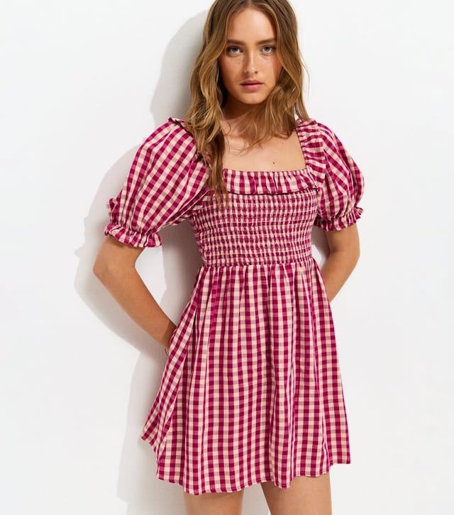 New Look Women's Red Gingham Short Sleeve Shirred Frill Mini Dress New Look - 3