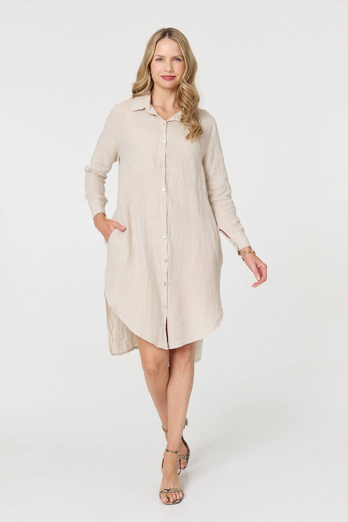 Izabel London Izabel London Women's Long Sleeve Split Hem Maxi Shirt Dress in Beige