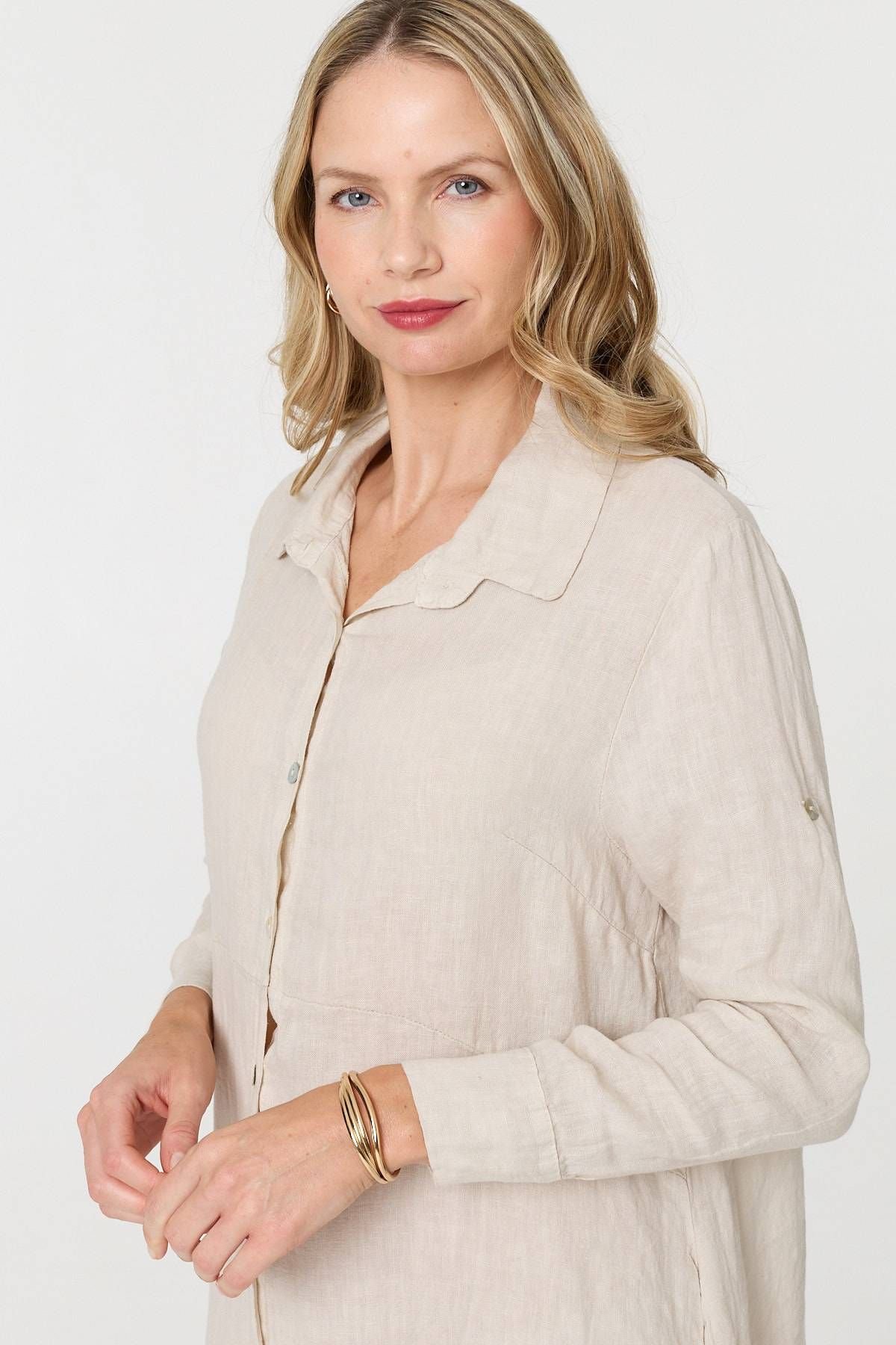 Izabel London Izabel London Women's Long Sleeve Split Hem Maxi Shirt Dress in Beige - 2