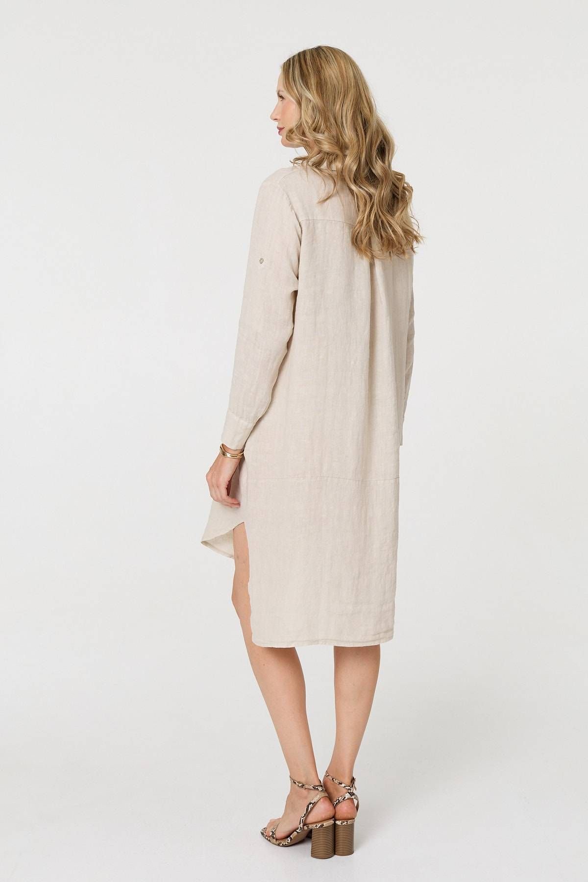 Izabel London Izabel London Women's Long Sleeve Split Hem Maxi Shirt Dress in Beige - 3