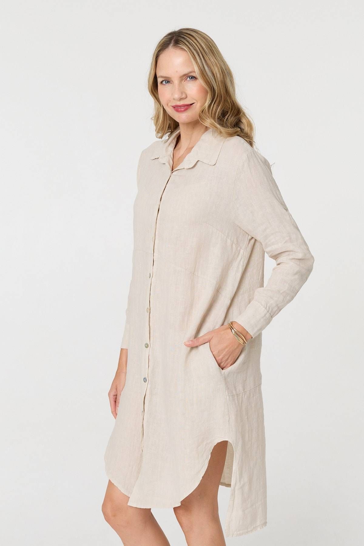 Izabel London Izabel London Women's Long Sleeve Split Hem Maxi Shirt Dress in Beige - 4