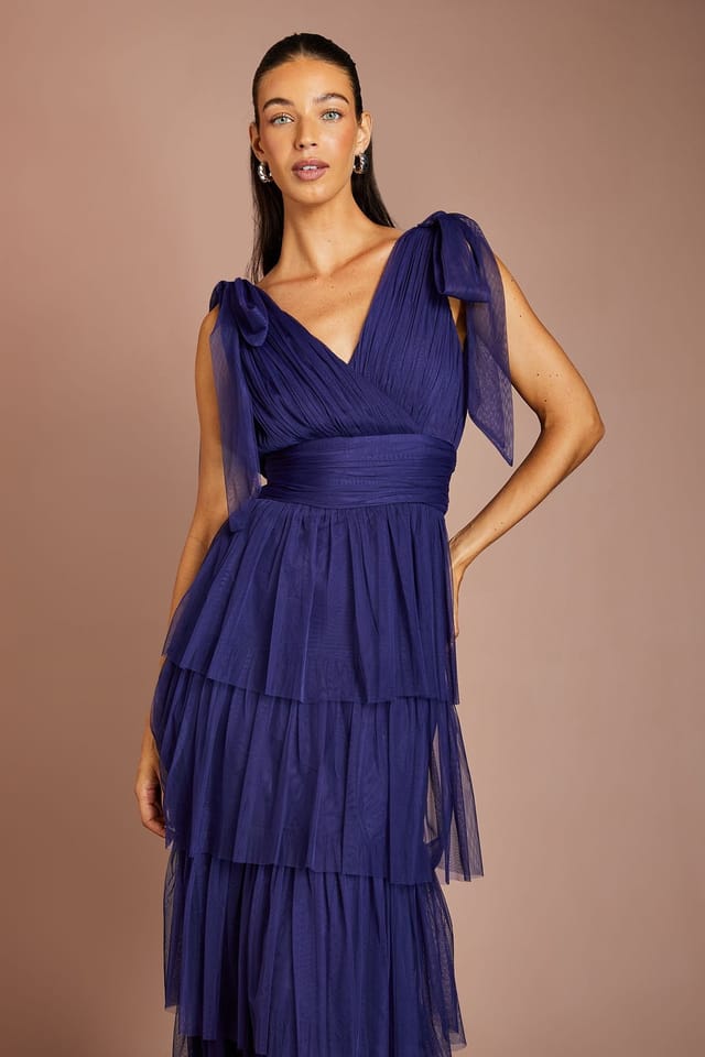 Oasis Oasis Women's Tie Shoulder Tiered Mesh Bridesmaid Midi Dress in Midnight - 2