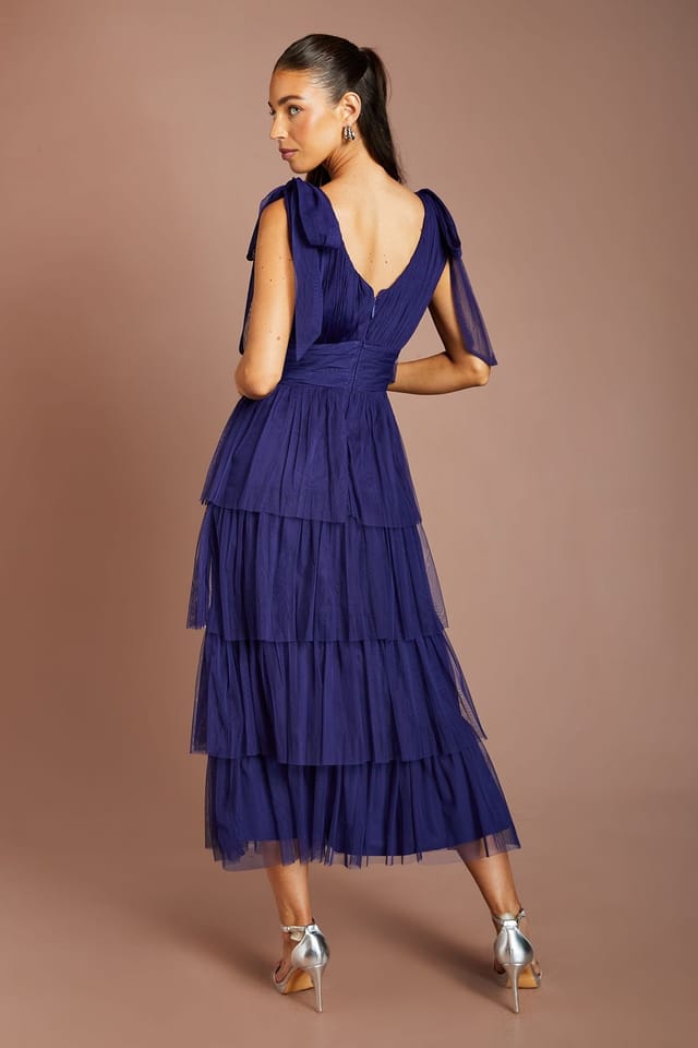 Oasis Oasis Women's Tie Shoulder Tiered Mesh Bridesmaid Midi Dress in Midnight - 3
