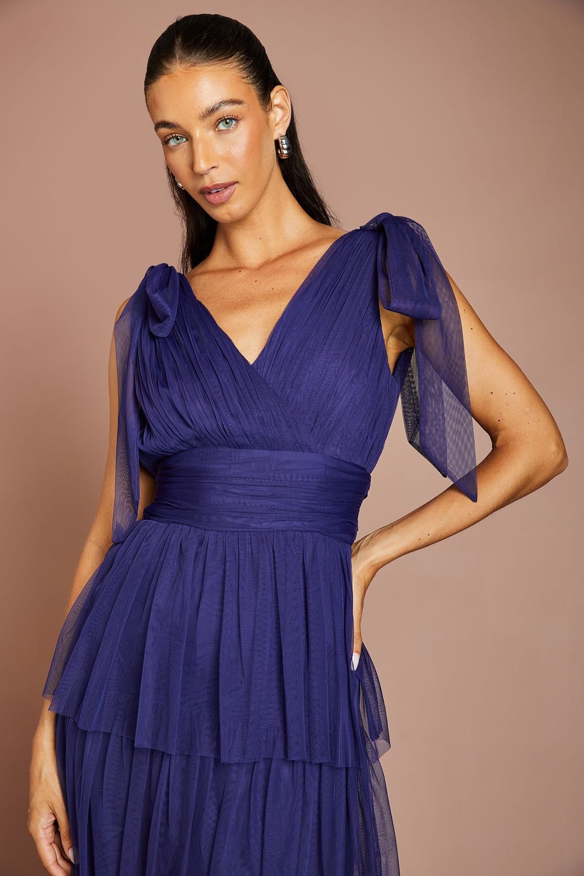 Oasis Oasis Women's Tie Shoulder Tiered Mesh Bridesmaid Midi Dress in Midnight - 4