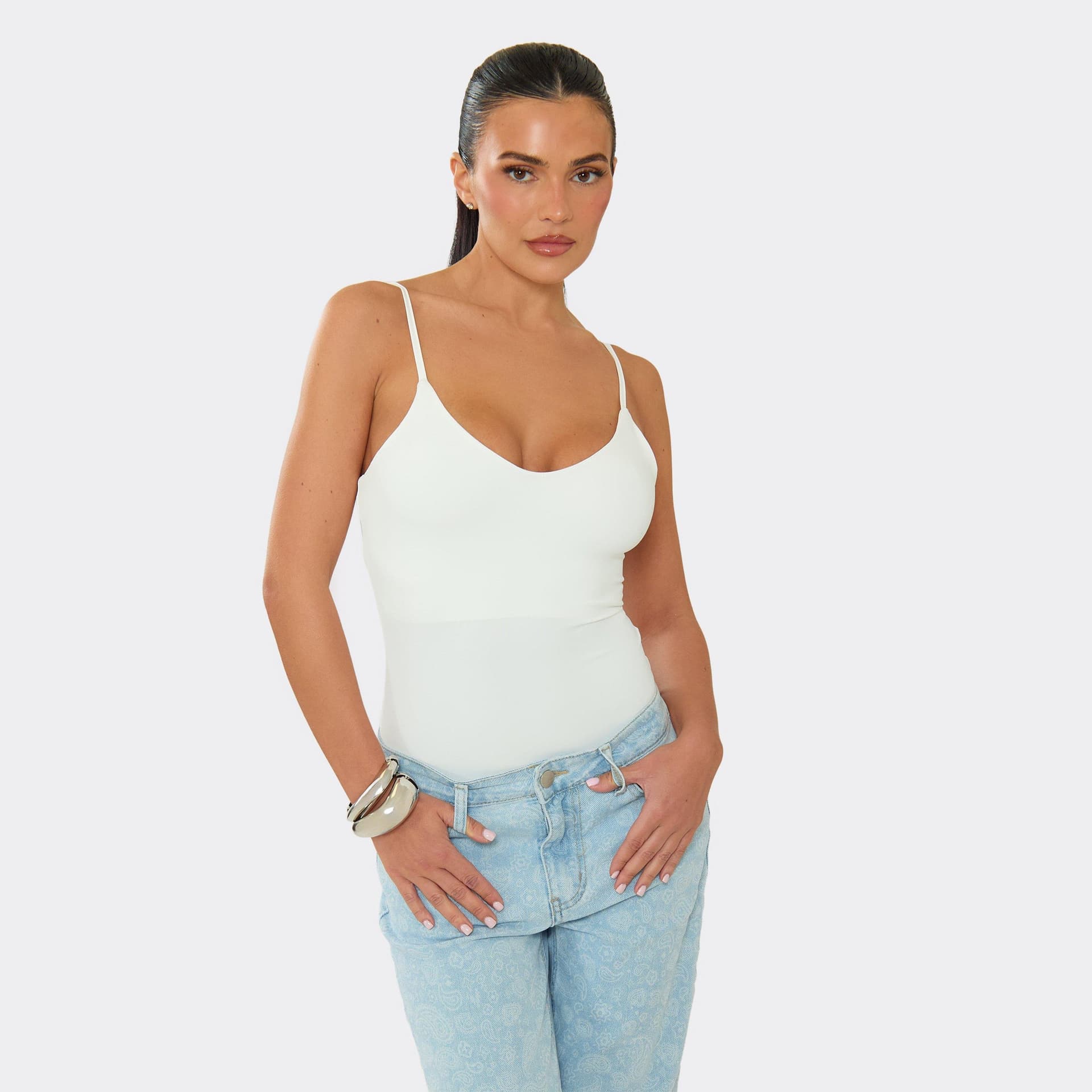 EGO Strappy Scoop Neck Bodysuit In White, Women's Size UK L