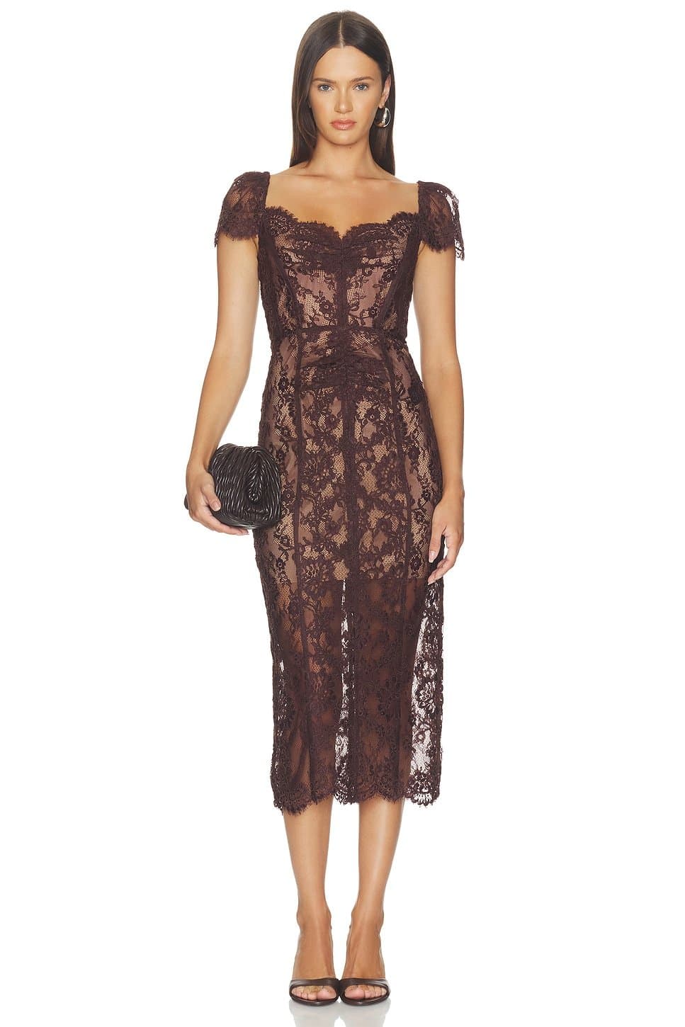 revolve Brown Floral Lace Midi Dress