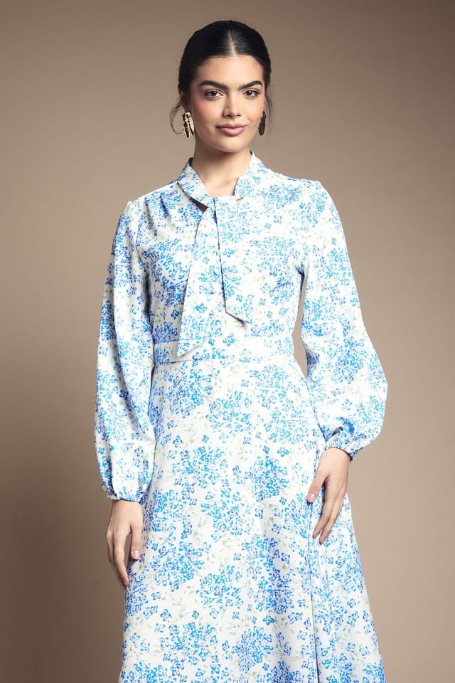 Wallis Wallis Women's Floral Button Tie Neck Midi Dress in Ivory - 2