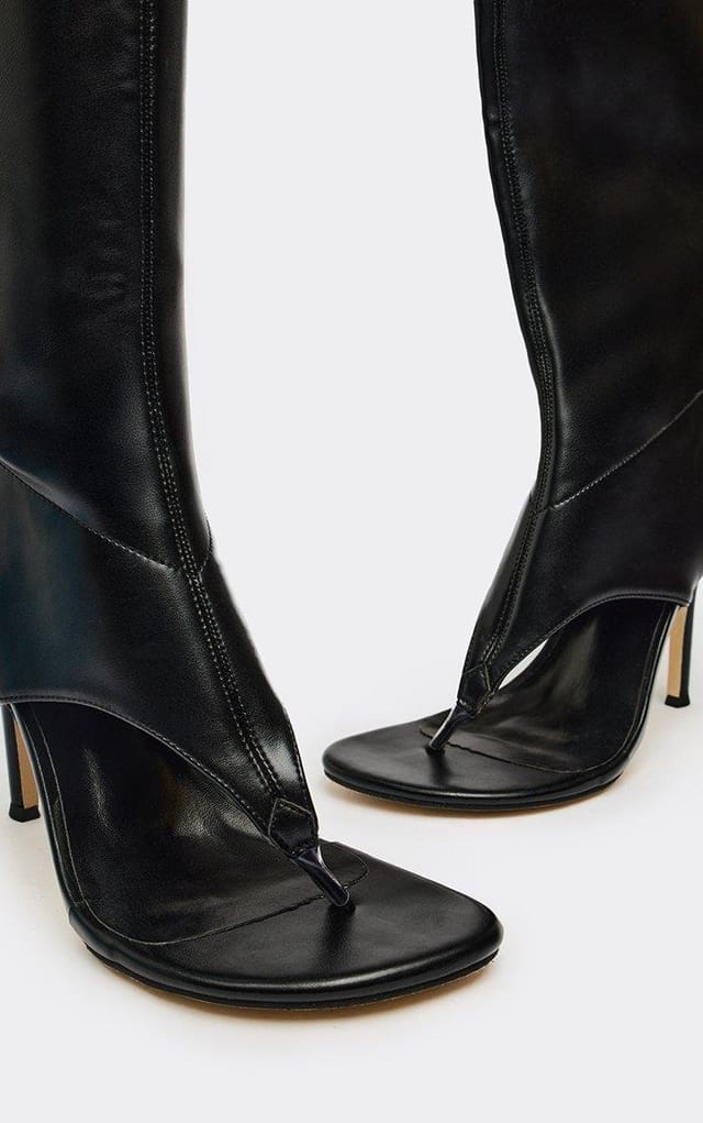 EGO Patterson Thong Strap Stiletto Heel Knee High Boot In Black Faux Leather, Women's Size UK 3 - 2