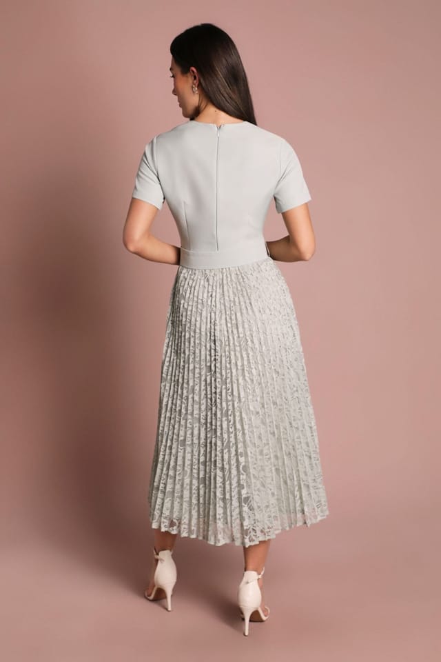 Coast Coast Women's Short Sleeve Crepe Midi Dress With Lace Pleated Skirt in Sage - 3