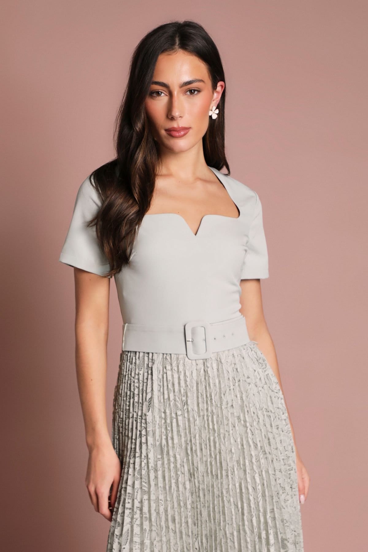 Coast Coast Women's Short Sleeve Crepe Midi Dress With Lace Pleated Skirt in Sage - 4