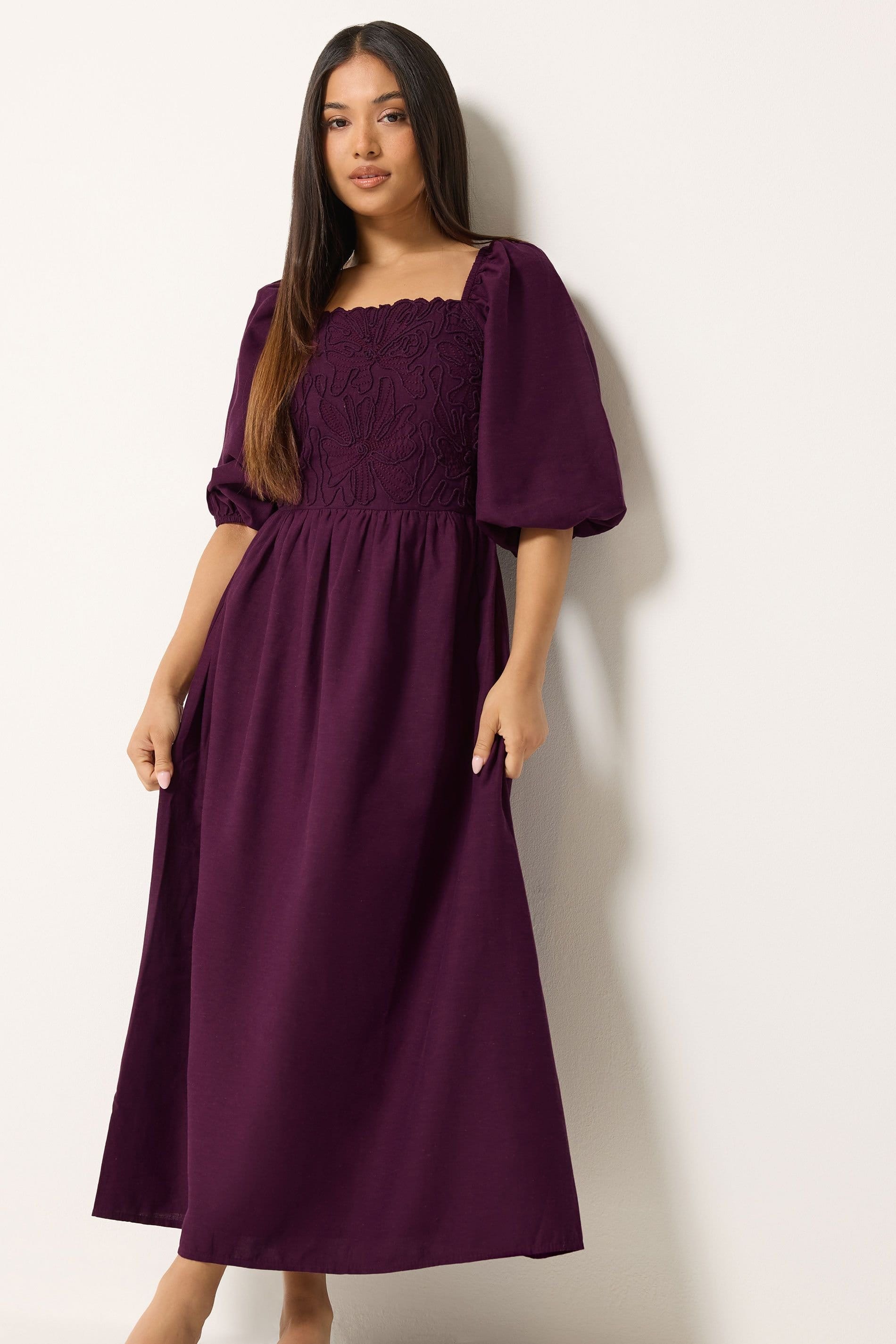 M&Co M&Co Women's Petite Short Sleeve Embroidered Trim Maxi Dress in Purple - 4