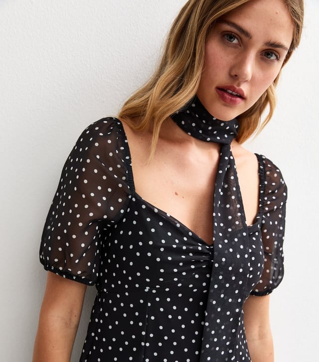 New Look Women's Black Polka Dot Print Chiffon Neck Tie Mini Dress New Look - 2