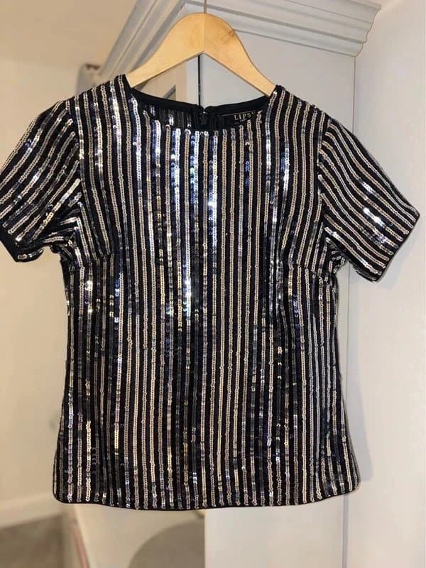 Lipsy NEW 10 UK Lipsy sparkly sequin black & silver glitter short sleeve dressy sparkle party occasion top