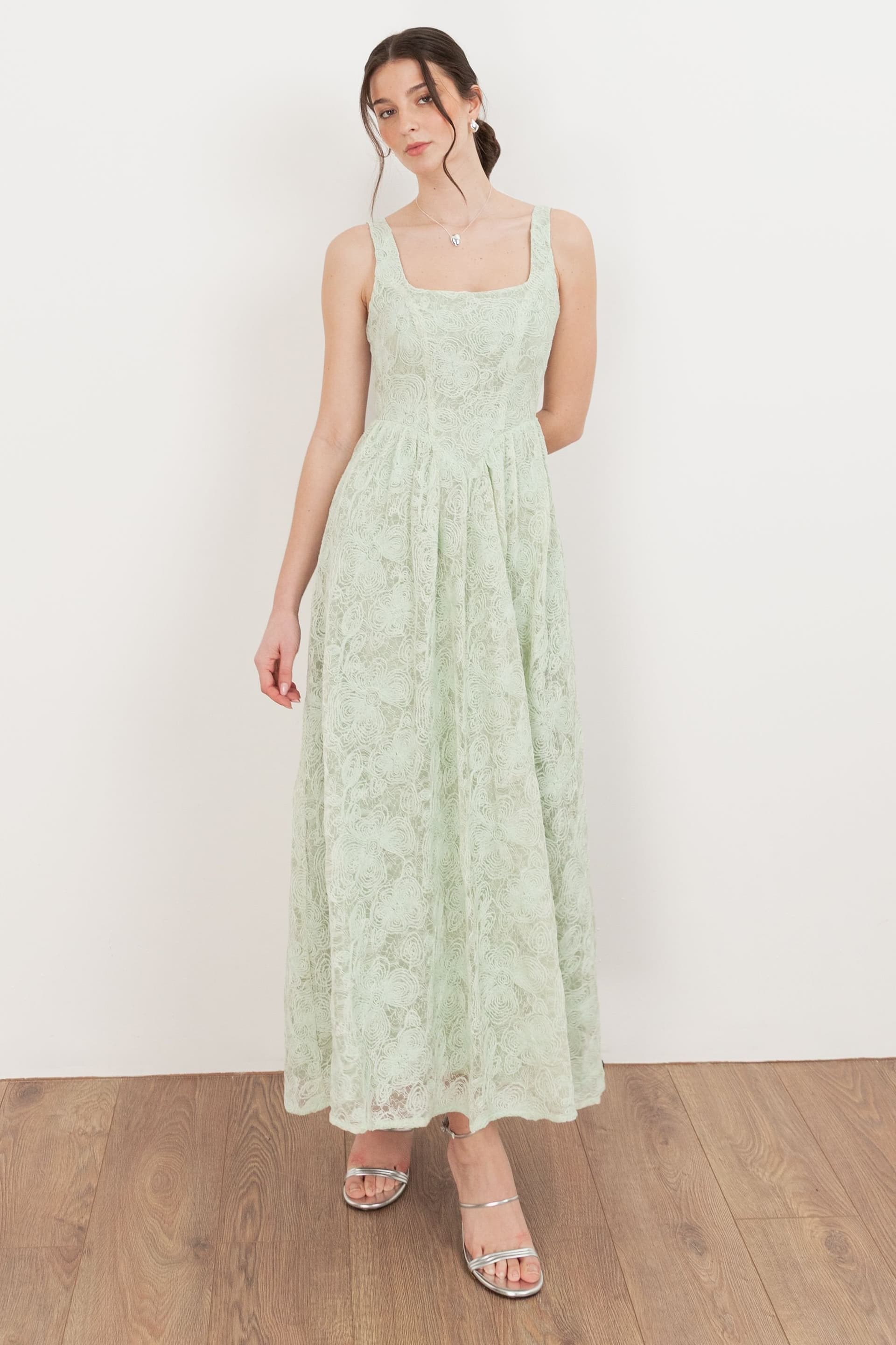 Maya Deluxe Maya Deluxe Women's Floral Lace Drop Waist Midaxi Dress in Mint