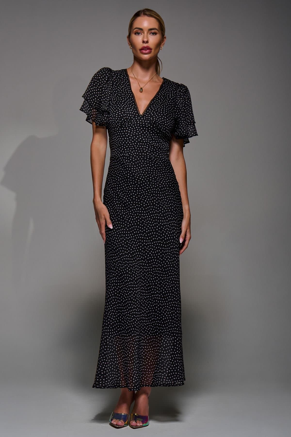 Jolie Moi Jolie Moi Women's V-Neck Frill Sleeve Chiffon Midaxi Dress in Jet Black