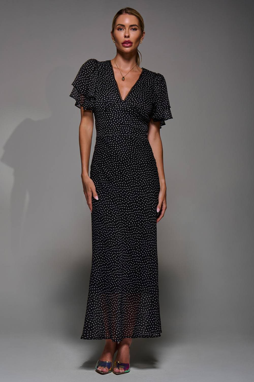 Jolie Moi Jolie Moi Women's V-Neck Frill Sleeve Chiffon Midaxi Dress in Jet Black - 2