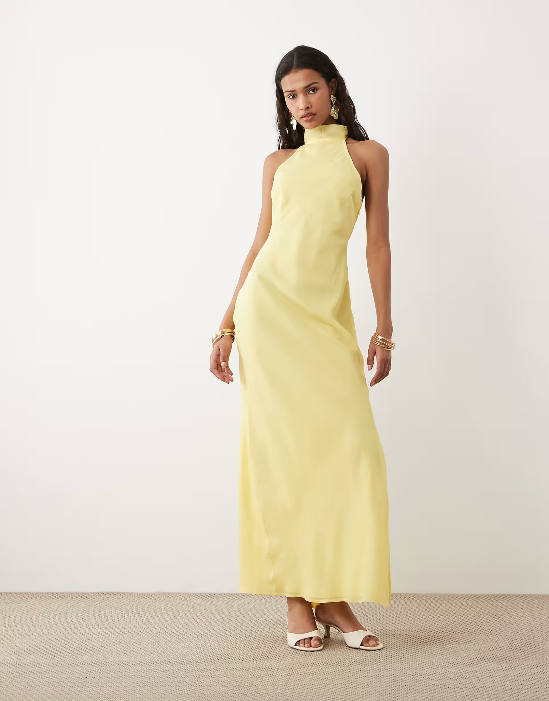 ASOS ASOS DESIGN chiffon high neck midi dress in soft yellow