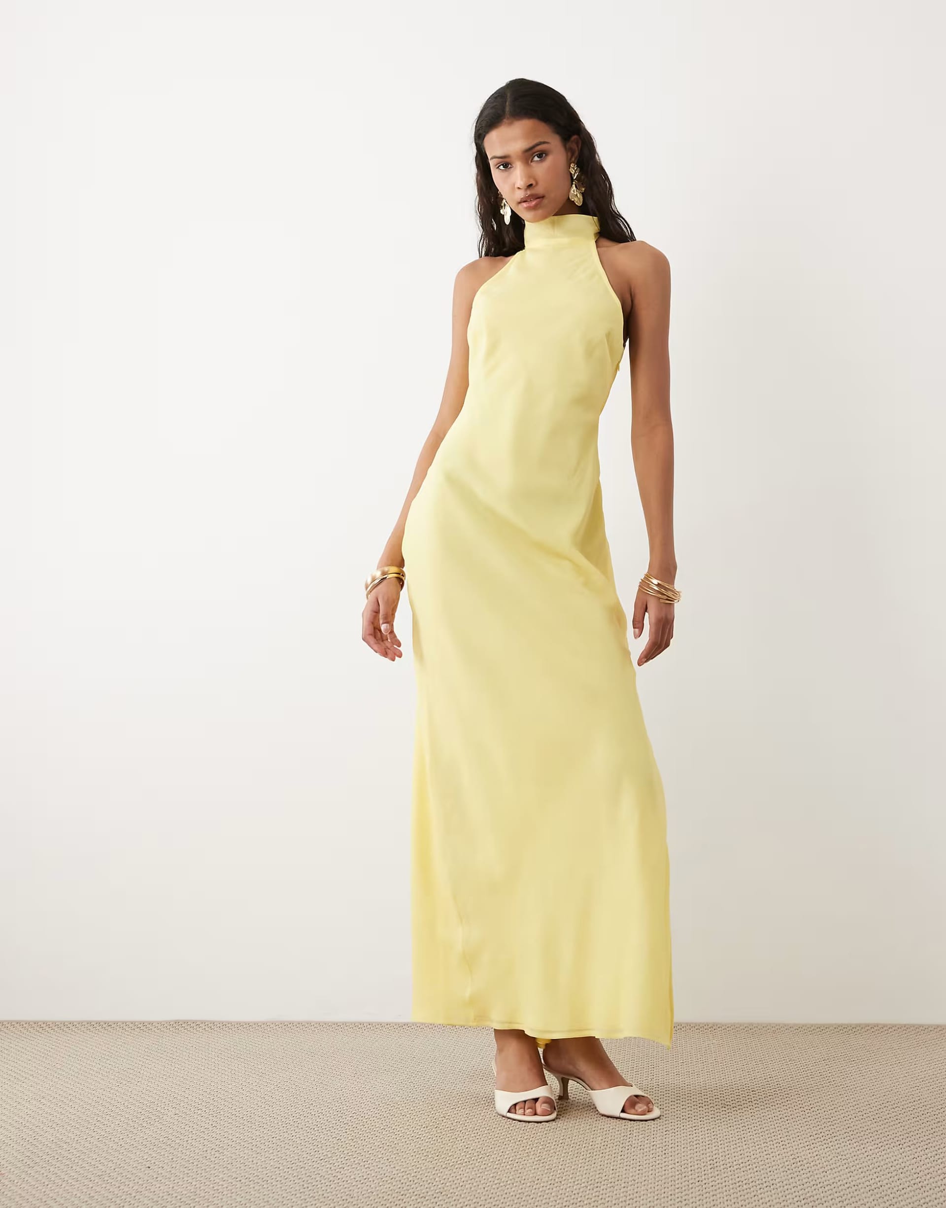 ASOS DESIGN Chiffon High Neck Midi Dress in Soft Yellow