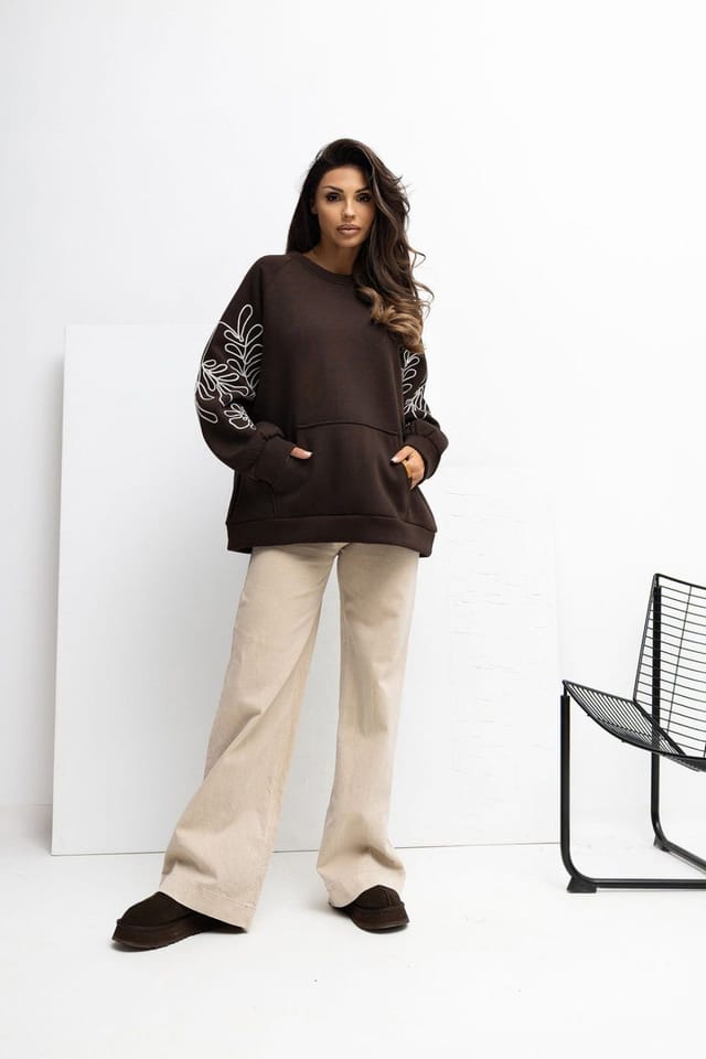 Love Lace Love Lace Women's Embroidered Sleeve Kangaroo Pocket Sweatshirt in Brown - 2