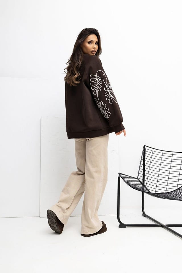 Love Lace Love Lace Women's Embroidered Sleeve Kangaroo Pocket Sweatshirt in Brown - 3