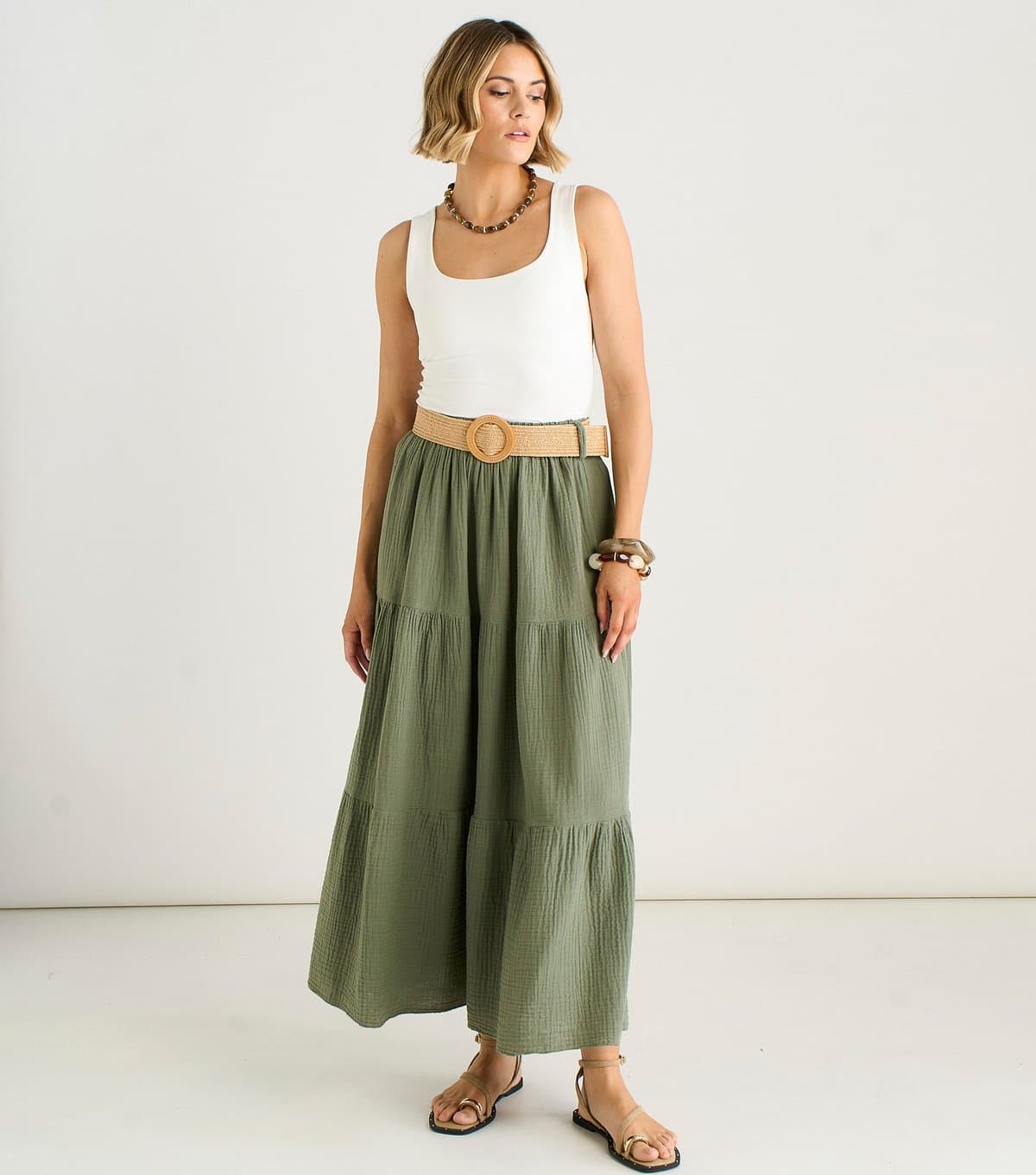 Gini London Women's Khaki Crinkled Belted Midi Skirt Gini London New Look