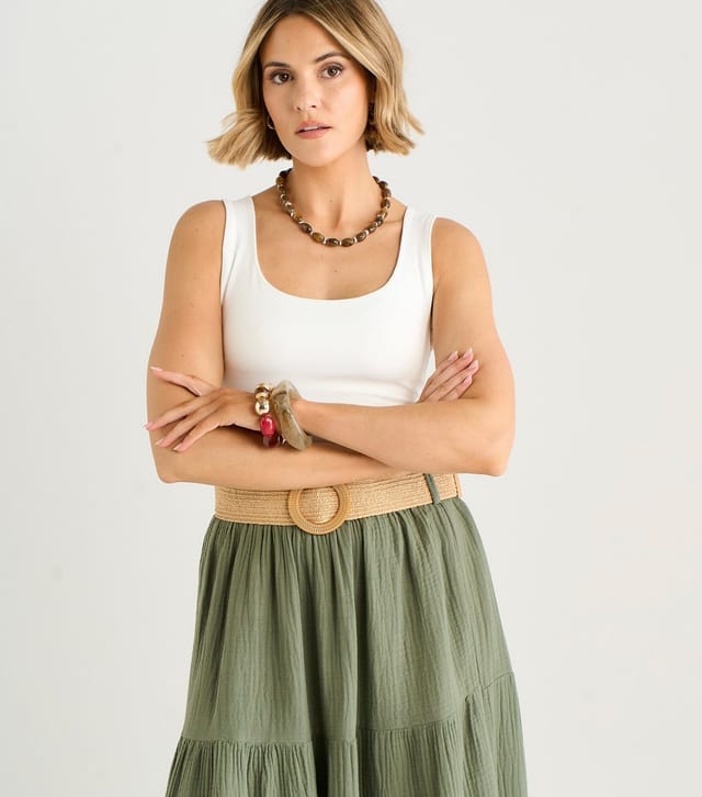 Gini London Women's Khaki Crinkled Belted Midi Skirt Gini London New Look - 2