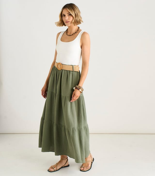 Gini London Women's Khaki Crinkled Belted Midi Skirt Gini London New Look - 3