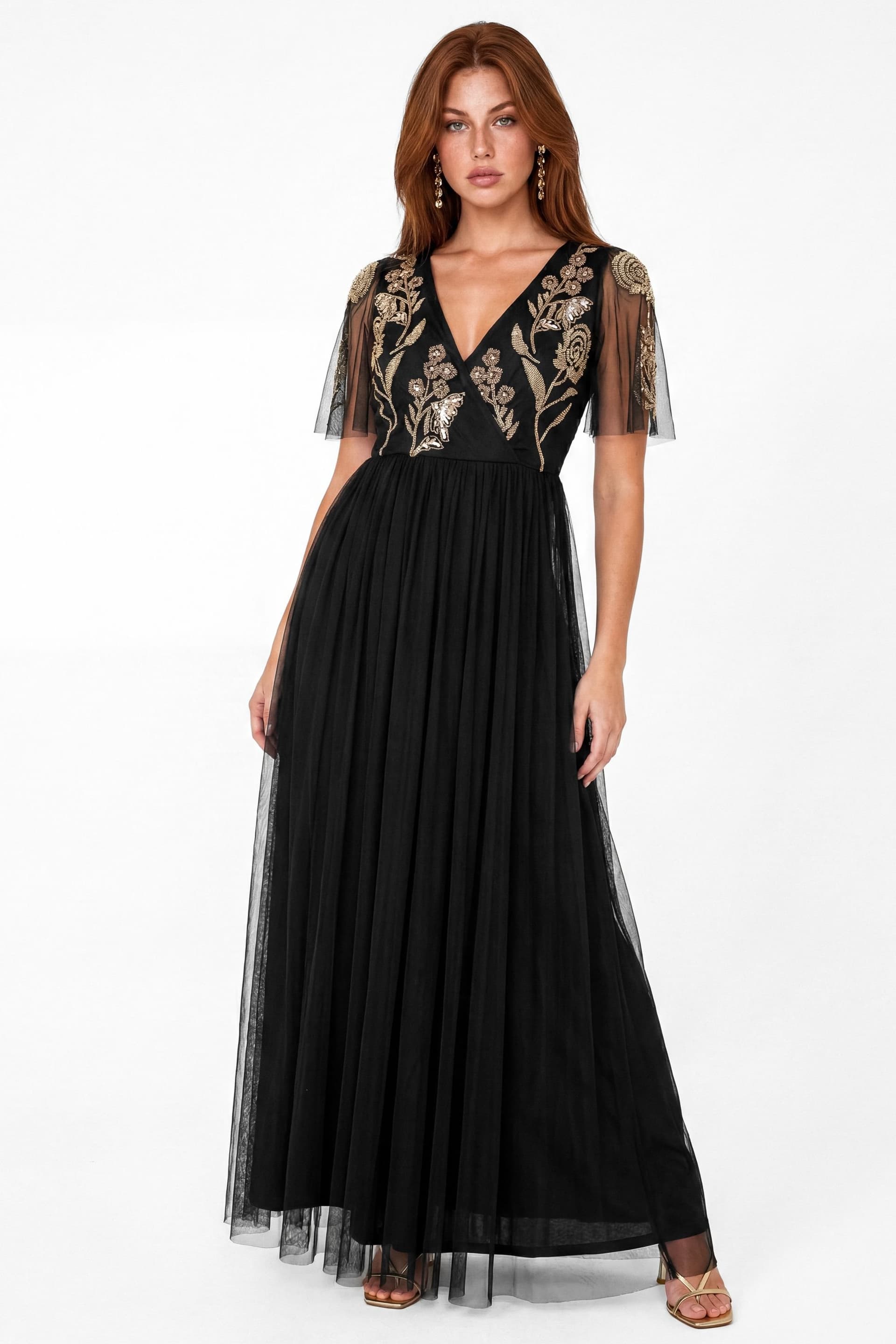 Maya Deluxe Maya Deluxe Women's Floral Embellished Faux Wrap Tulle Maxi Dress in Black