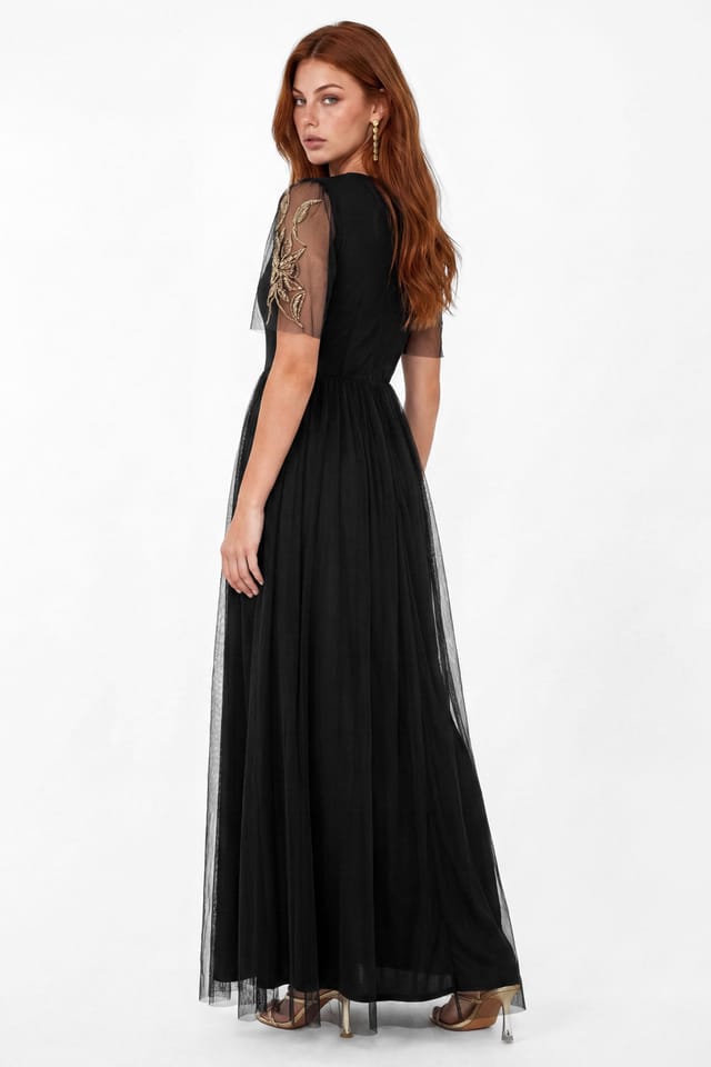 Maya Deluxe Maya Deluxe Women's Floral Embellished Faux Wrap Tulle Maxi Dress in Black - 2