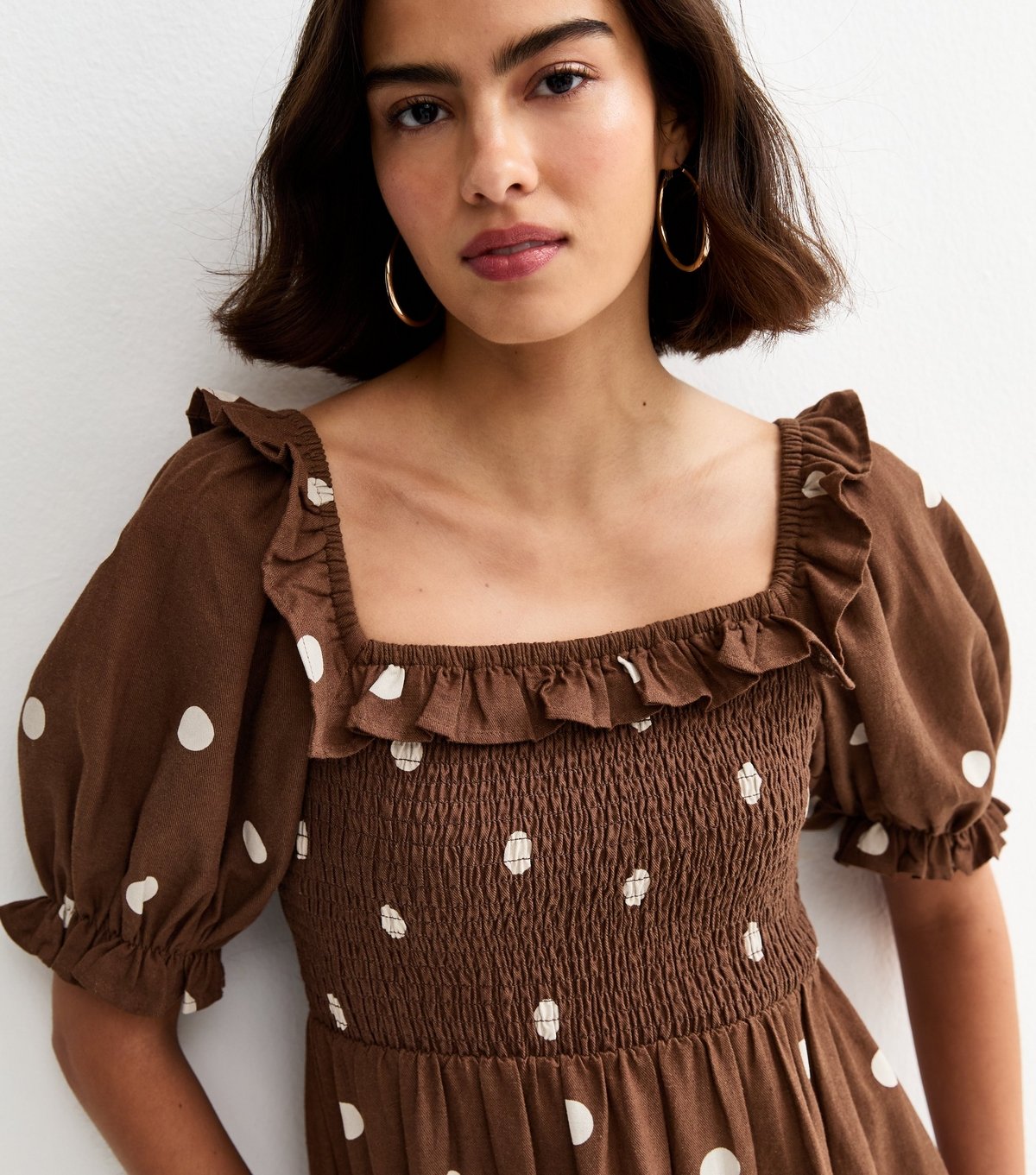 New Look Women's Brown Polka Dot Puff Sleeve Shirred Midi Dress New Look - 2