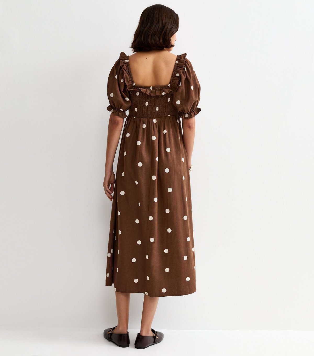 New Look Women's Brown Polka Dot Puff Sleeve Shirred Midi Dress New Look - 4