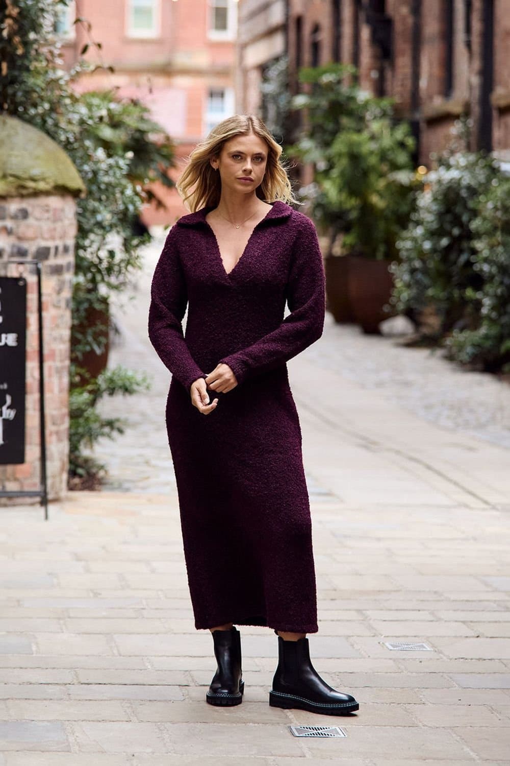 Native Youth Native Youth Women's Knitted Polo-Style V-Neck Knitted Midi Dress in Burgundy