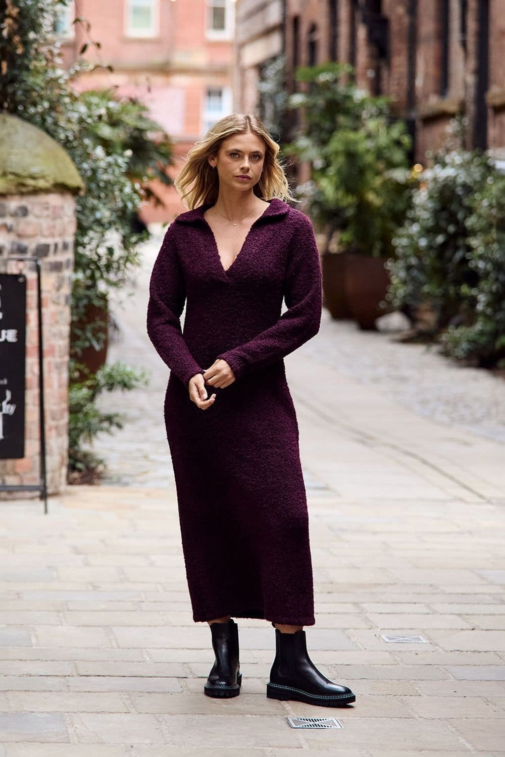 Native Youth Burgundy Knitted Polo-Style Midi Dress