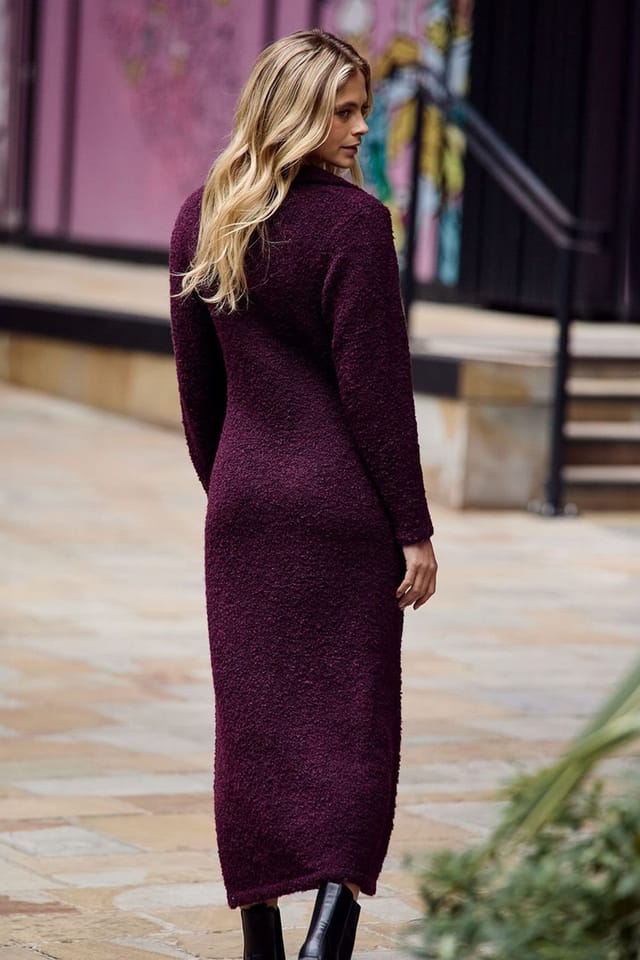 Native Youth Native Youth Women's Knitted Polo-Style V-Neck Knitted Midi Dress in Burgundy - 2