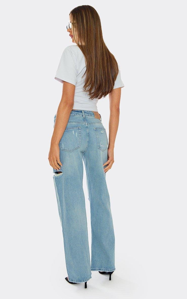 EGO Mid Rise Distressed Knee Straight Leg Jeans In Light Blue Wash Denim, Women's Size UK L - 2