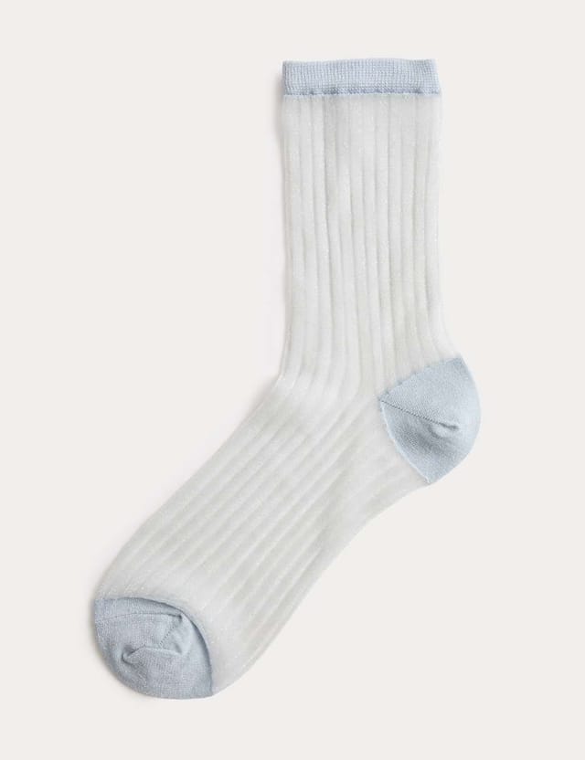 Marks & Spencer M&S Cotton Blend Sheer Ribbed Sparkly Crew Socks Blue Mix - 2
