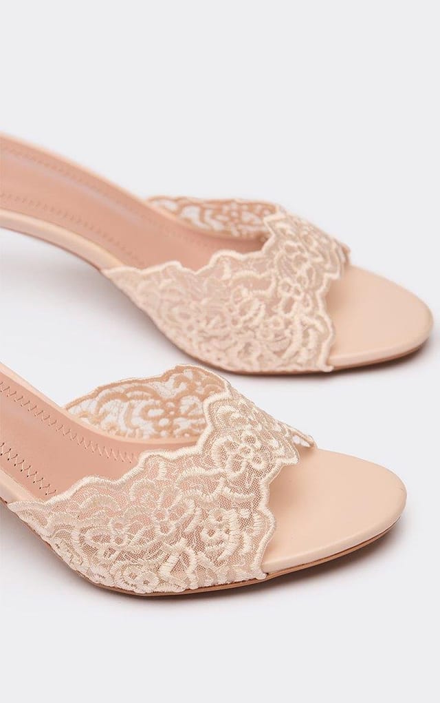 EGO Sae Lace Strap Heeled Mule In Beige Faux Leather, Women's Size UK 3 - 2
