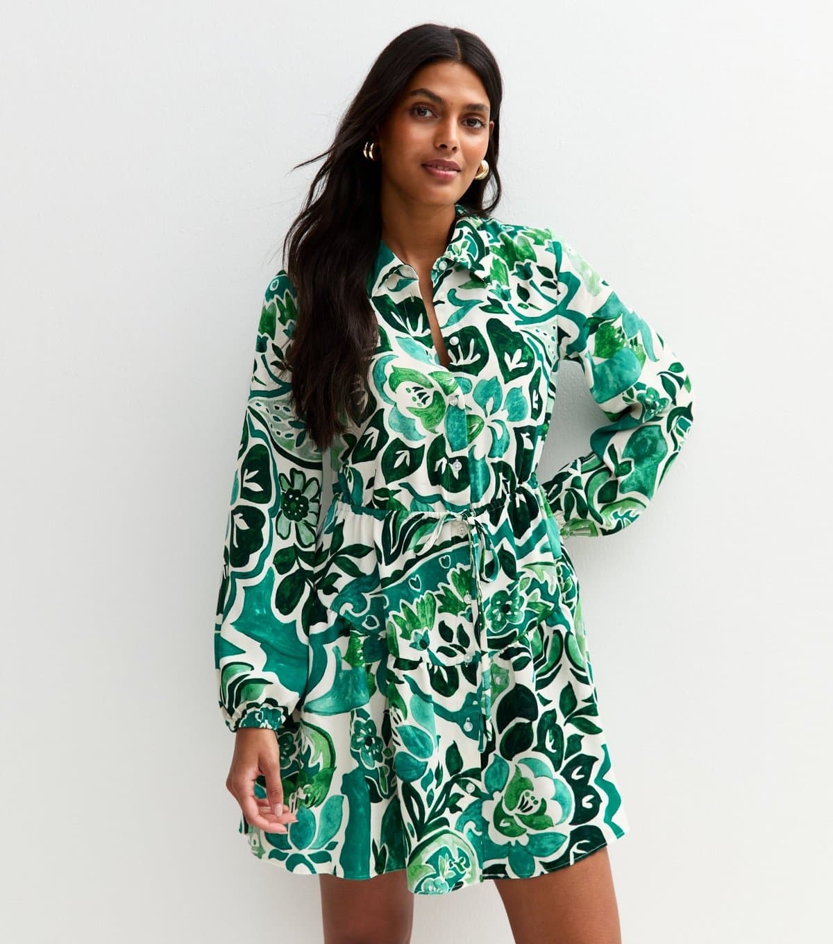 New Look Women's Green Paisley Print Belted Mini Shirt Dress New Look