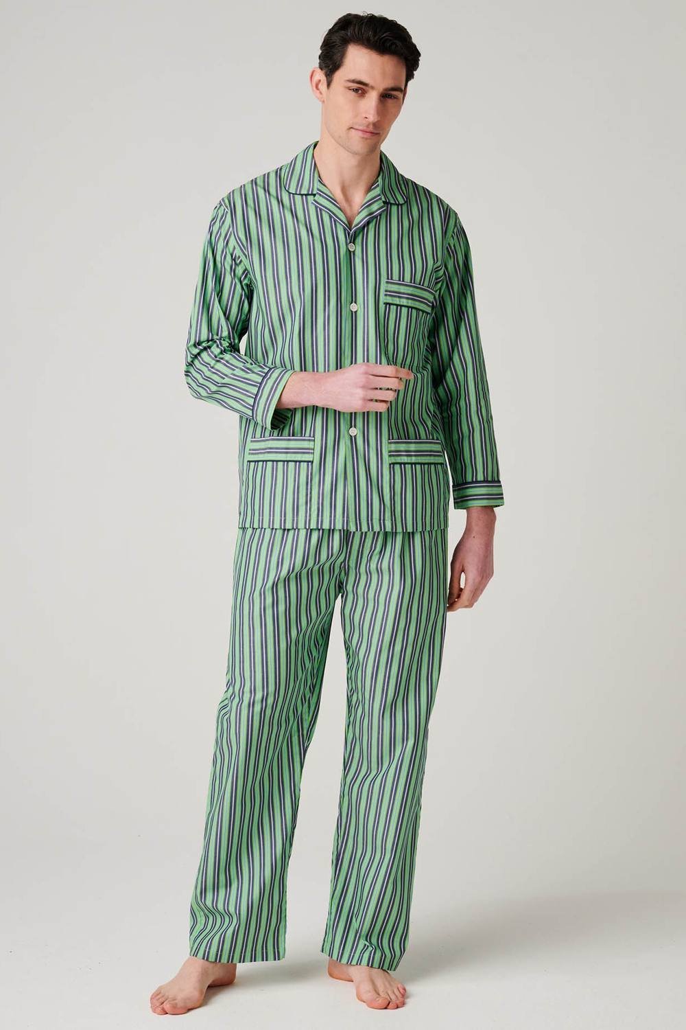 British Boxers British Boxers Men's "Green Flash Stripe" Crisp Cotton Pyjama Set in Light Green - 2