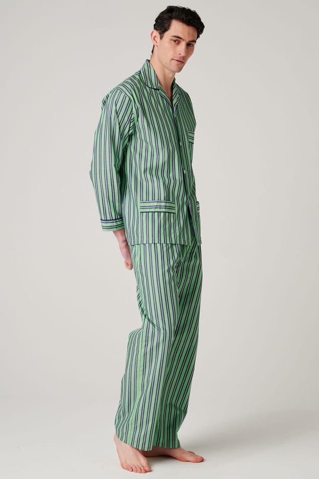 British Boxers British Boxers Men's "Green Flash Stripe" Crisp Cotton Pyjama Set in Light Green - 2