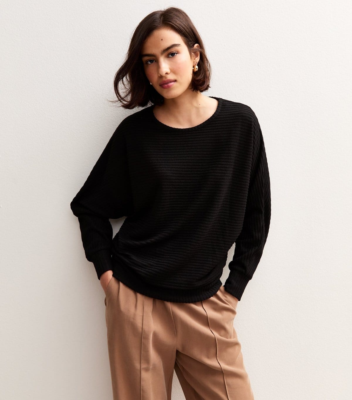 New Look Black Soft Touch Ribbed Batwing Sleeve Top