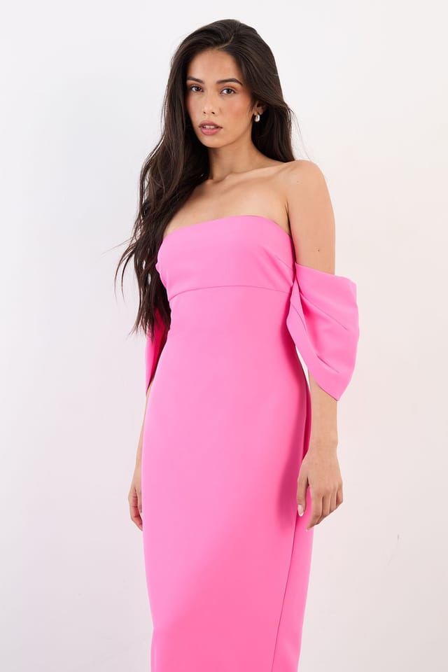Warehouse Warehouse Women's Stretch Crepe Bardot Column Midi Dress in Pink - 2