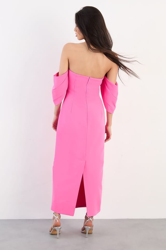 Warehouse Warehouse Women's Stretch Crepe Bardot Column Midi Dress in Pink - 3