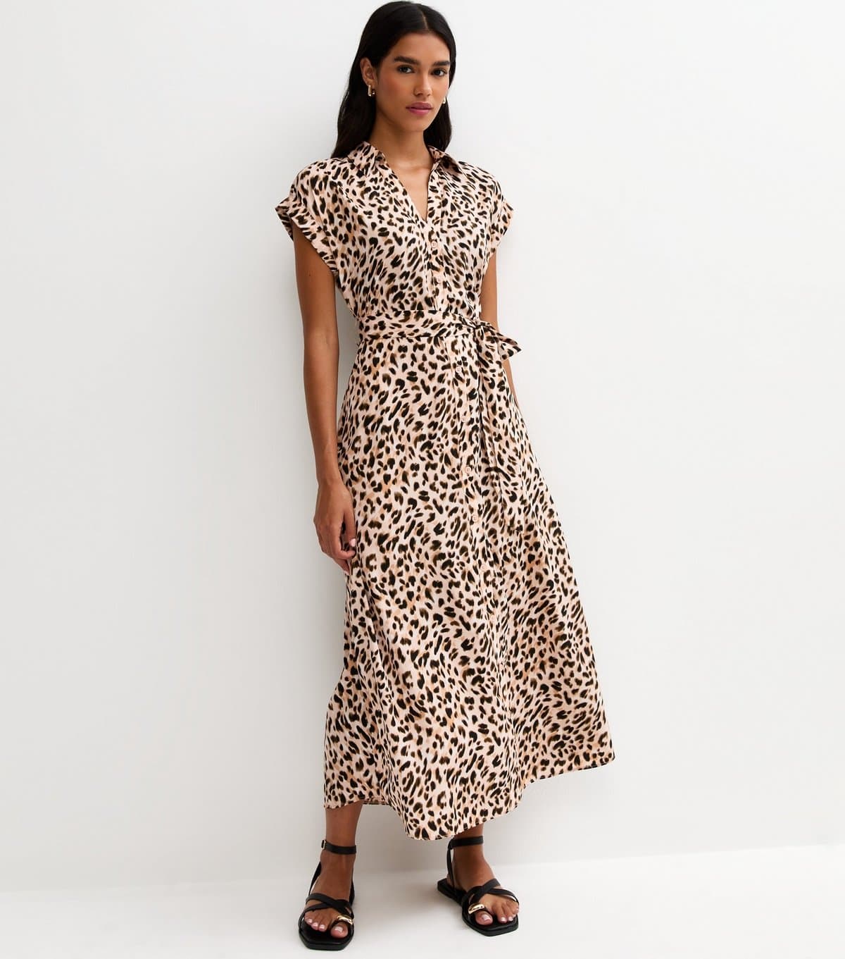 New Look Women's Brown Crepe Leopard Print Collared Short Sleeve Midi Dress New Look