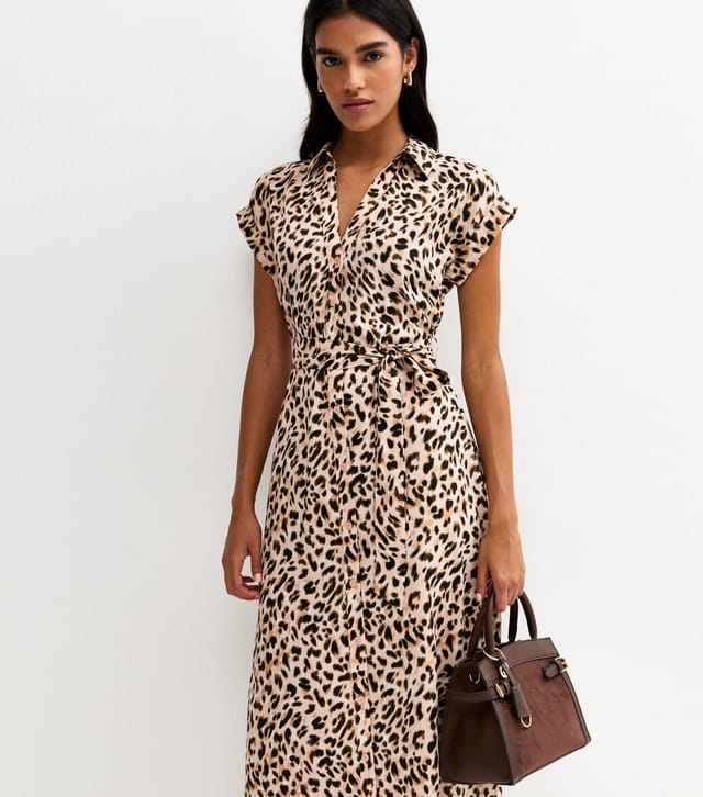 New Look Women's Brown Crepe Leopard Print Collared Short Sleeve Midi Dress New Look - 2